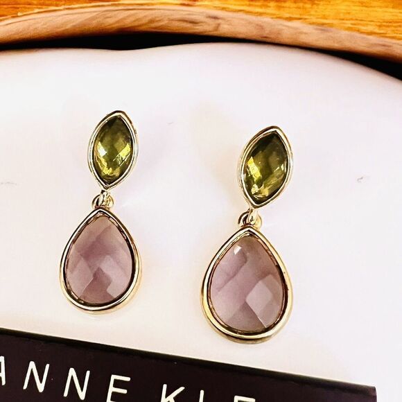 Anne Klein AK Earrings Pink Green Crystals Dangle Drop Gold Tone Pierced 1079 - Picture 3 of 8